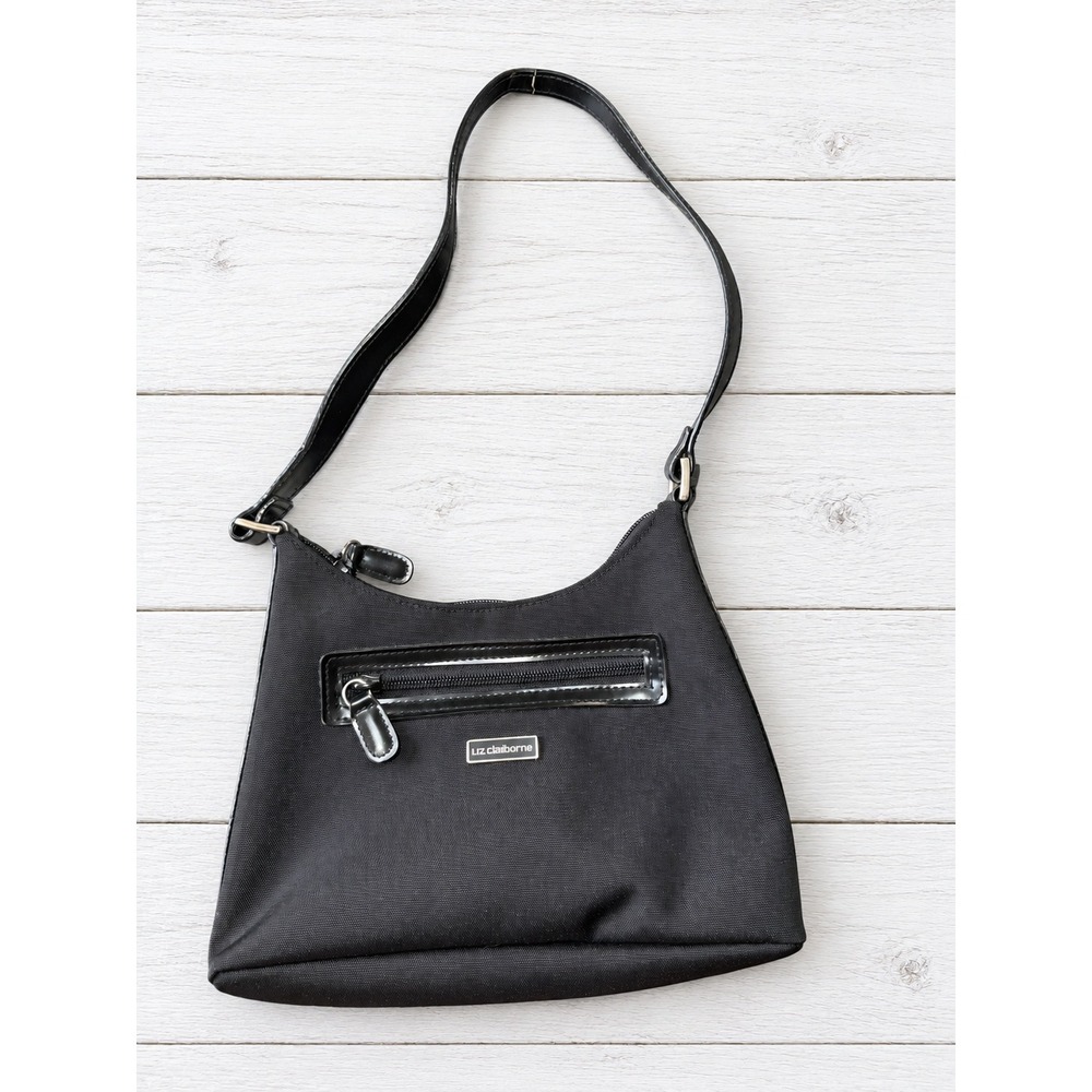 Liz Claiborne Shoulder Bag Black Canvas Patent Trim Y2K Minimalist Purse Small